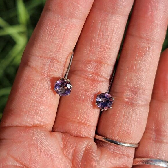 Vintage 925 sterling silver amethyst leverback drop earrings - Picture 5 of 16